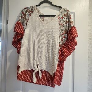 Hummingbird Red and Cream Floral Blouse Size L Euc